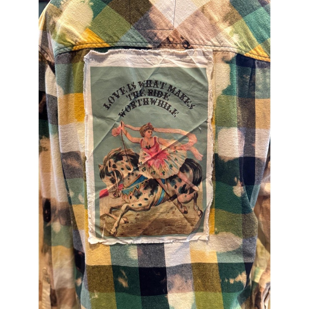 Reworked Flannel  Vintage Image Love Makes the Ride Worth While Men's L unisex